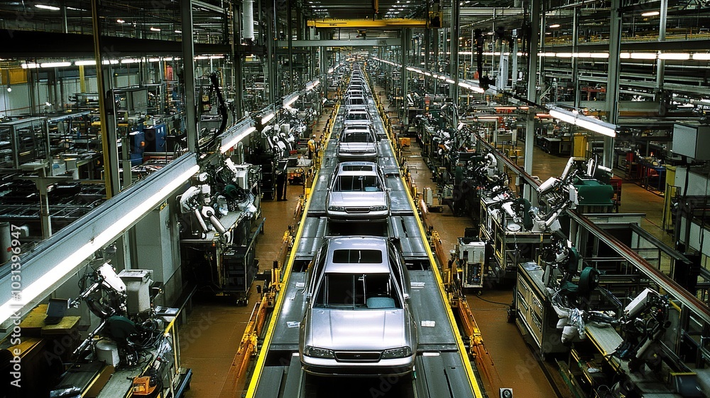 An assembly line in an automotive factory, where cars are being built ...