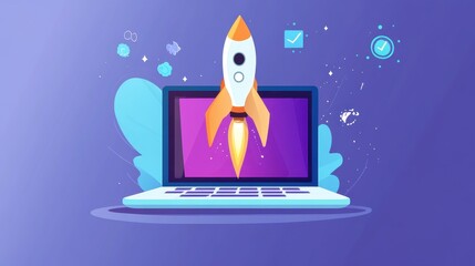 Poster - Dynamic rocket emerging from a laptop screen, capturing the concept of modern technology and online success.