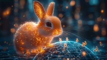 Poster - a cute orange bunny mascot glows with digital energy, perched atop a glowing digital globe, symboliz
