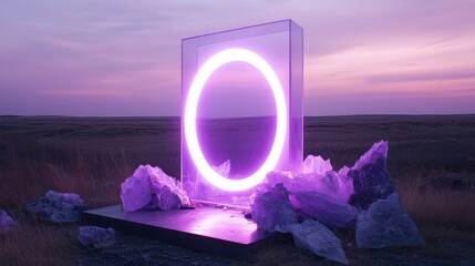 Poster - A glowing neon circle portal stands in a surreal landscape, surrounded by crystalline rocks, representing a passage, mystery, possibility, and a sense of the unknown.