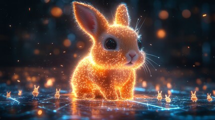 Poster - A glowing orange bunny mascot stands on a digital globe, symbolizing connectivity, technology, and the future. It's a cute and whimsical illustration perfect for branding or children's products.