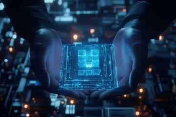 Poster - A pair of hands gently holds a glowing blue cube, symbolizing artificial intelligence, power, progress, future, and technology.