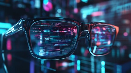 Poster - Futuristic glasses surrounded by holographic technology, with data and 3D elements floating in the background.
