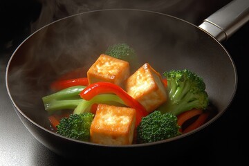 A steaming wok filled with vibrant red peppers, green broccoli florets, and golden-brown tofu cubes, creating a delicious and healthy vegan stir-fry.