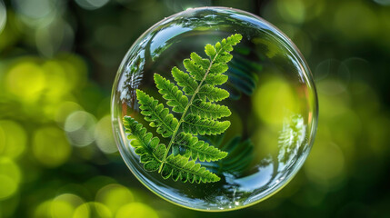 a leaf suspended in a clear bubble