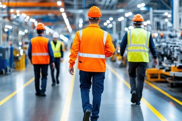 Workers in safety gear navigating a modern industrial facility, ensuring safety and efficiency in production environment.