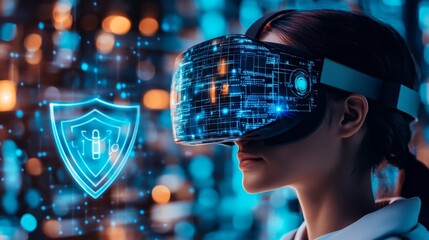 Aufkleber - A woman wearing augmented reality (AR) glasses with a shield icon representing security in the metaverse.  This symbolizes the future of technology, digital security, privacy, and the immersive experi