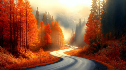 Wall Mural - Serene winding road through vibrant autumn forest landscape.