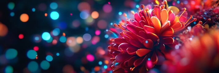 Poster - abstract flower with bokeh lights, featuring a vibrant red and orange flower with glowing petals and