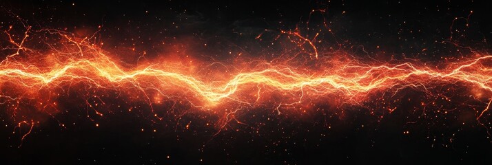 Poster - Abstract image of a powerful orange and red lightning bolt striking across a black background, symbolizing energy, power, speed, electricity, and intensity.