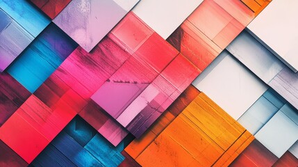 Poster - Abstract geometric shapes with vibrant colors and wood texture. This image symbolizes creativity, design, pattern, and modern art.