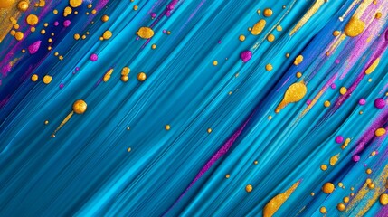 Poster - Abstract turquoise background with colorful drips and splashes of gold, purple, and pink paint. This vibrant and dynamic image evokes a sense of movement, energy, and creativity.