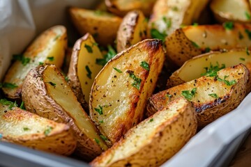 Delicious roasted potatoes with rosemary and herbs served on a plate