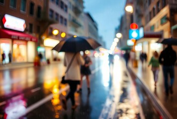 Rainy street night digital collage blurred umbrellas raincoats ;