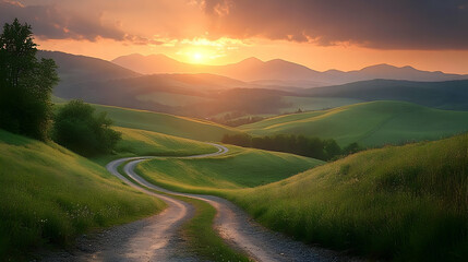 Wall Mural - Serene landscape with a winding road and sunset over hills.