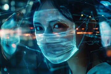 Poster - Digital Mask, A Symbol of Protection and Technology - A woman wearing a glowing digital mask in front of a futuristic cityscape. The mask symbolizes protection, technology, and the interconnectedness 