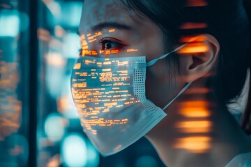Poster - Digital Mask: A Symbiotic Future - A person wearing a face mask with digital code glowing through it, representing technology's integration into our lives and the potential for symbiosis.