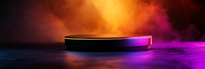 Poster - Sleek 3D Cylindrical Podium in Dark Minimalist Setting with colorful smoke, perfect for product displays, presentations, and branding.