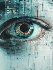 Poster - The Eye of Technology: A captivating close-up of an eye peering through layers of privacy shields, symbolizing the intrusion of technology into personal lives, the constant surveillance, and the strug