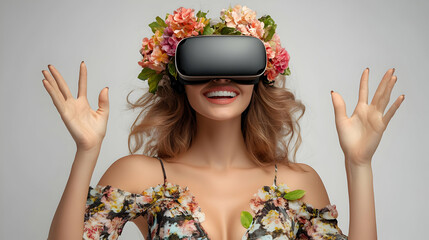 Poster - Woman wearing VR headset with floral crown, expressing joy.