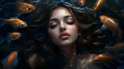 Canvas Print - A serene portrait of a woman submerged with goldfish.