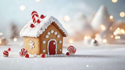 Festive gingerbread house with candy decorations