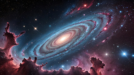 Wall Mural -  View from space to a spiral galaxy and stars. Universe filled with stars, nebula and galaxy.