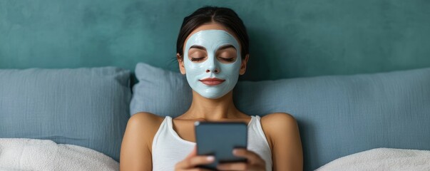 Wall Mural - Young Woman Relaxing on Bed at Home Wearing Face Mask Holding Smartphone for Skincare Routine and Self Care  Cozy Peaceful Wellness Concept with Deep Depth of Field