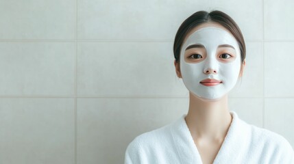 Wall Mural - Close up portrait of a young Korean woman looking in the bathroom mirror while applying a facial mask as part of her relaxing skin care routine and self care ritual