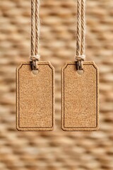 Two blank cork tags hanging on ropes against a blurred background.