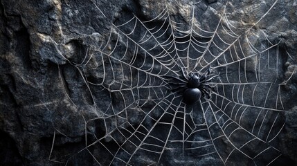 Black Spider on a Web Against a Dark Stone Wall