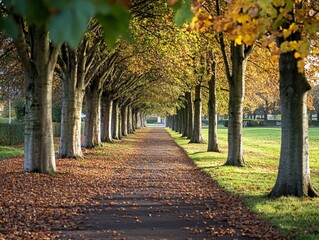 Wall Mural - A row of deciduous trees lining a quiet park path, their leaves carpeting the ground