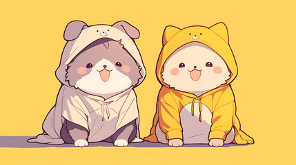 two cute cats wearing onesie costumes