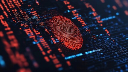 Poster - Futuristic digital fingerprint being scanned with security shields and encrypted codes, Privacy, security,  futuristic, data, technology, digital, protection