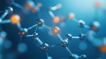 Wall Mural - close-up of molecular chains with glowing atomic particles, floating in a blue ethereal background, 