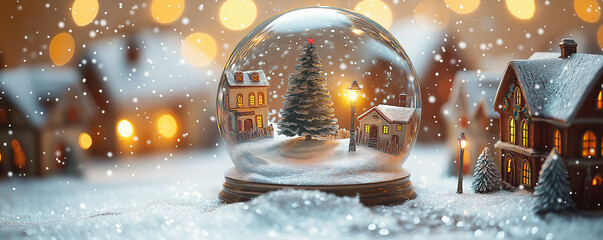 A close-up of a snow globe with a Christmas village, glowing tree, and swirling snowflakes