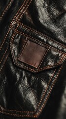 Close-up of a black leather jacket pocket and stitching details.