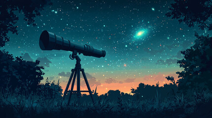 Wall Mural - Astronomy concept with a telescope pointed toward a starry sky, galaxies visible in the distance, and a wide area for text.