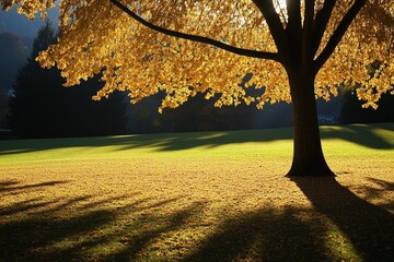 Poster - A tree with golden leaves in the fall, casting long shadows on the ground