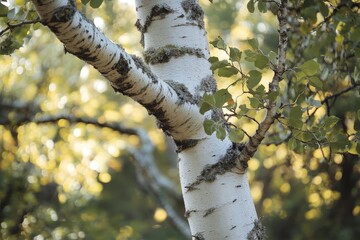 Wall Mural - A tree with smooth, white bark that contrasts starkly with the surrounding forest