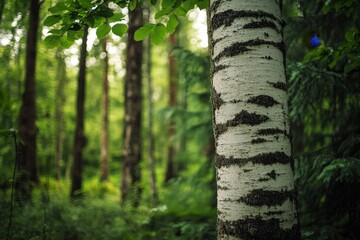 Wall Mural - A tree with smooth, white bark that contrasts starkly with the surrounding forest