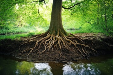 Wall Mural - root system stretching deep into the soil, visible near a riverbank