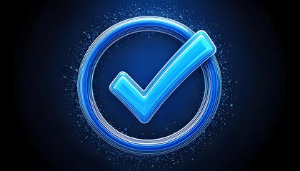 Poster - A glowing blue checkmark inside a circular outline, symbolizing approval or confirmation against a dark background.