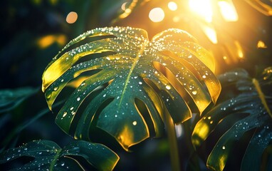 Sticker - A tropical plant with dew-covered leaves, glowing in the morning sunlight