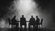 © Creative Art7 - Silhouettes of business people sitting at a table in a dark room with smoke, an illustration for a stock photo in black and white