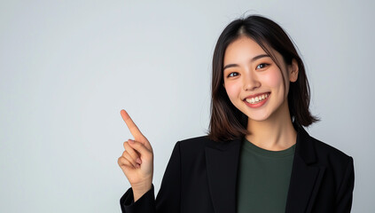 A young Japanese businesswoman is smiling and pointing to the side with her right hand