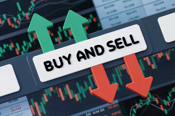 Buy and Sell: A 3D illustration showcasing the concept of trading with green and red arrows representing buying and selling, respectively, set against a backdrop of stock market charts.