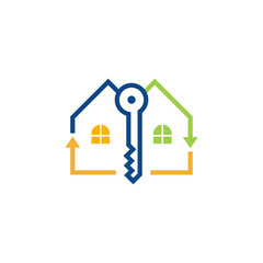 A logo featuring two stylized houses with a key in the center, connected by arrows pointing in opposite directions.