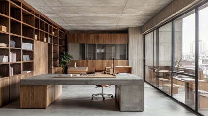 Poster - Creative office layout with concrete desks and wood-paneled cabinets, divided by glass partitions for private areas.