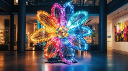 Vibrant illuminated flower sculpture in modern art gallery with colorful lights